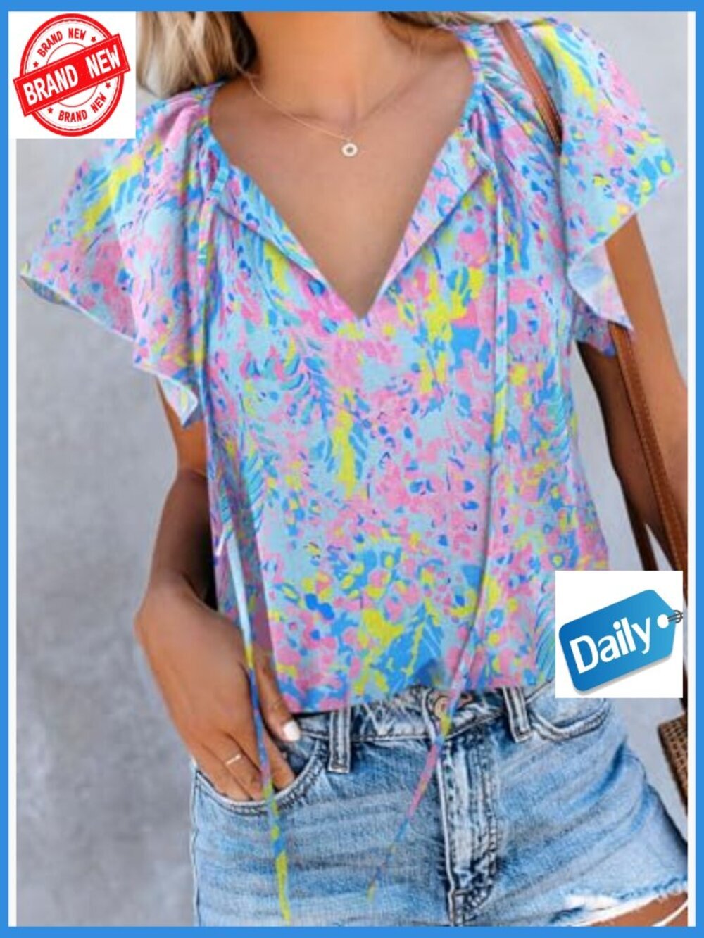 Boho Floral V-Neck Blouse, Lightweight Polyester, Loose Fit Summer Top - Picture 2 of 7